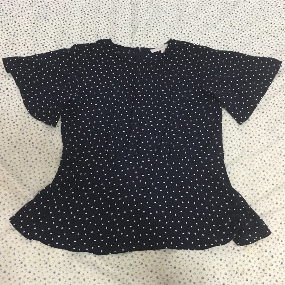Ann Taylor LOFT polka dot peplum blouse with flutt